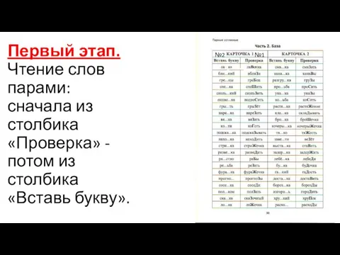 Первый этап. Чтение слов парами: сначала из столбика «Проверка» - потом