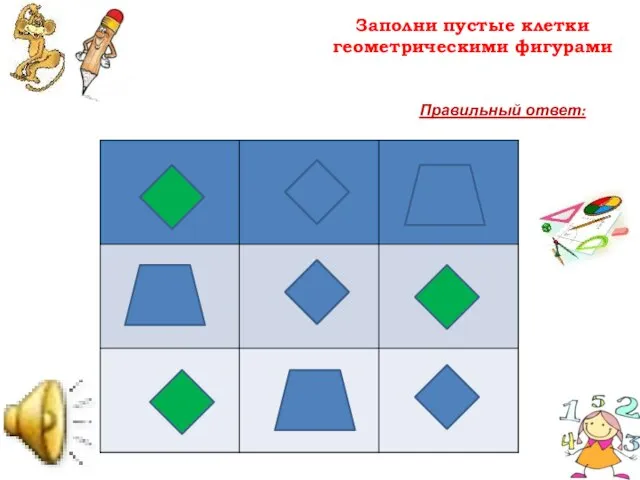 Заполни пустые клетки геометрическими фигурами Правильный ответ: