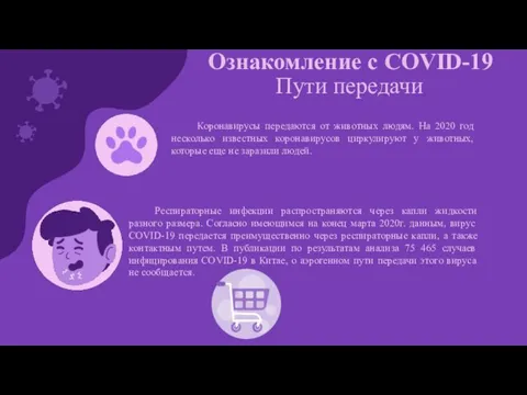 Ознакомление с COVID-19 Пути передачи Коронавирусы передаются от животных людям. На