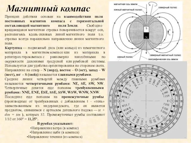 Принцип действия основан на взаимодействии поля постоянных магнитов компаса с горизонтальной