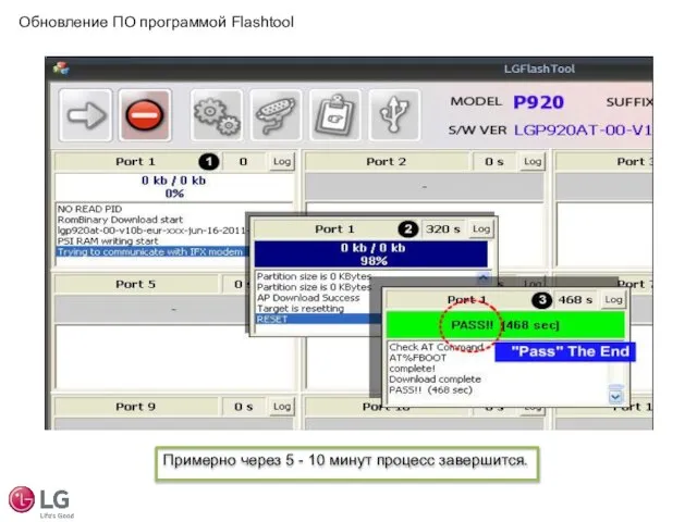 Примерно через 5 - 10 минут процесс завершится. Обновление ПО программой Flashtool