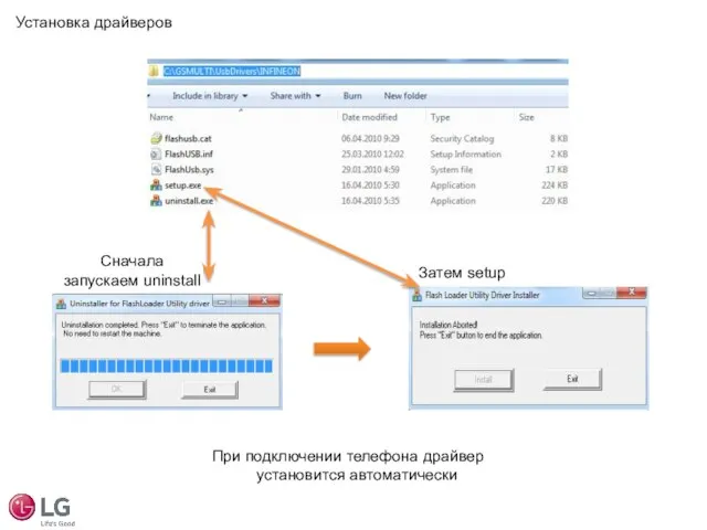 Установка драйверов Сначала запускаем uninstall Затем setup При подключении телефона драйвер установится автоматически
