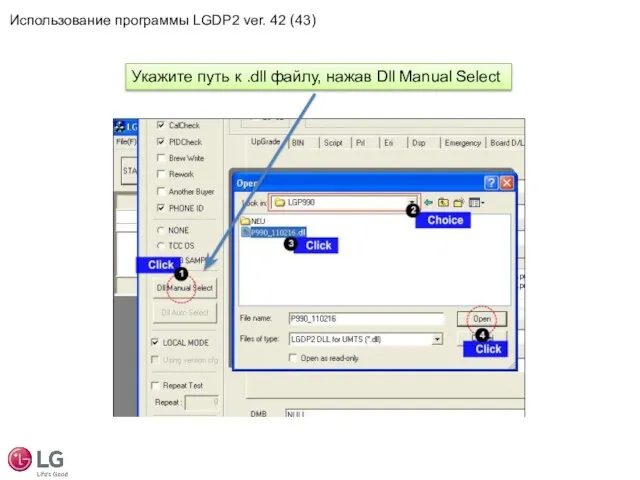 Укажите путь к .dll файлу, нажав Dll Manual Select Использование программы LGDP2 ver. 42 (43)