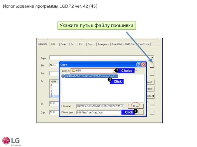 Укажите путь к файлу прошивки Использование программы LGDP2 ver. 42 (43)