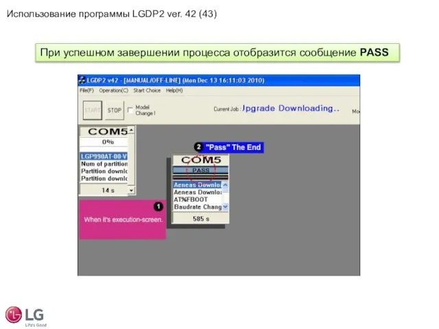 При успешном завершении процесса отобразится сообщение PASS Использование программы LGDP2 ver. 42 (43)