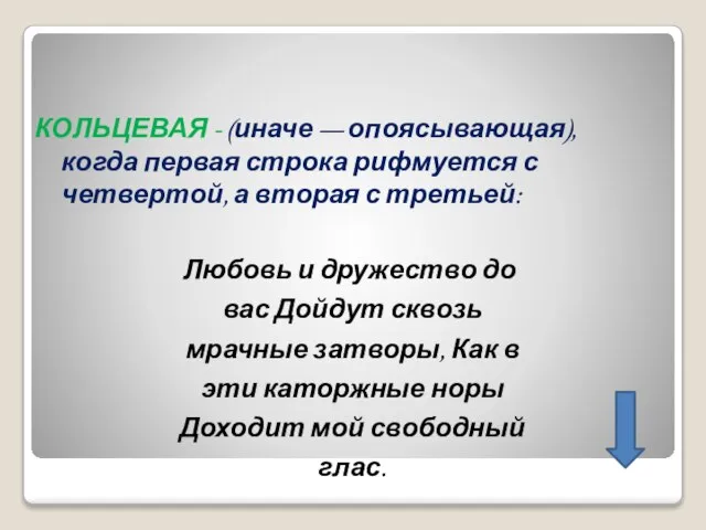 КОЛЬЦЕВАЯ - (иначе — опоясывающая), когда первая строка рифмуется с четвертой,