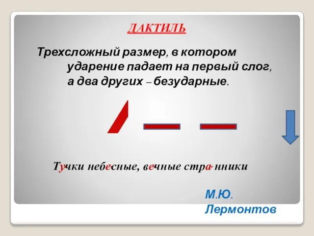 Ту́чки небе́сные, ве́чные стра́ нники М.Ю.Лермонтов ДАКТИЛЬ Трехсложный размер, в котором