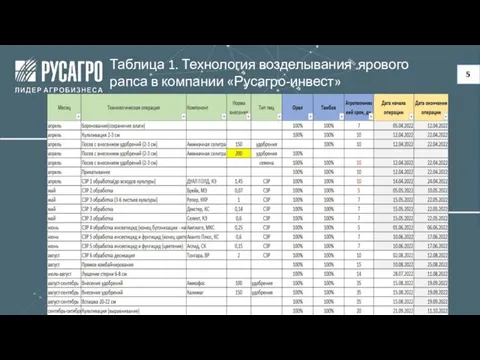 Таблица 1. Технология возделывания ярового рапса в компании «Русагро-инвест» 5