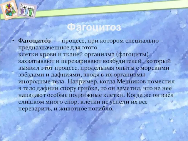 Фагоцитоз Фагоцито́з — процесс, при котором специально предназначенные для этого клетки