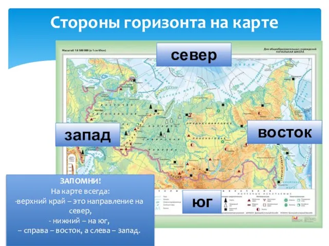 Стороны горизонта на карте север запад восток юг ЗАПОМНИ! На карте