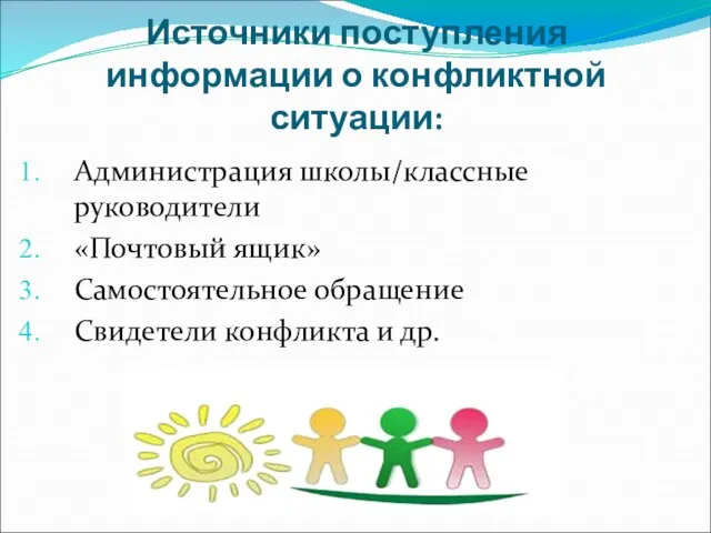 Источники поступления информации о конфликтной ситуации: Администрация школы/классные руководители «Почтовый ящик»