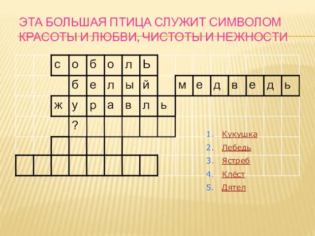 ЭТА БОЛЬШАЯ ПТИЦА СЛУЖИТ СИМВОЛОМ КРАСОТЫ И ЛЮБВИ, ЧИСТОТЫ И НЕЖНОСТИ Кукушка Лебедь Ястреб Клёст Дятел