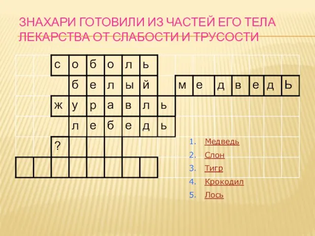 ЗНАХАРИ ГОТОВИЛИ ИЗ ЧАСТЕЙ ЕГО ТЕЛА ЛЕКАРСТВА ОТ СЛАБОСТИ И ТРУСОСТИ Медведь Слон Тигр Крокодил Лось