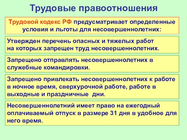 Трудовые правоотношения Трудовой кодекс РФ предусматривает определенные условия и льготы для