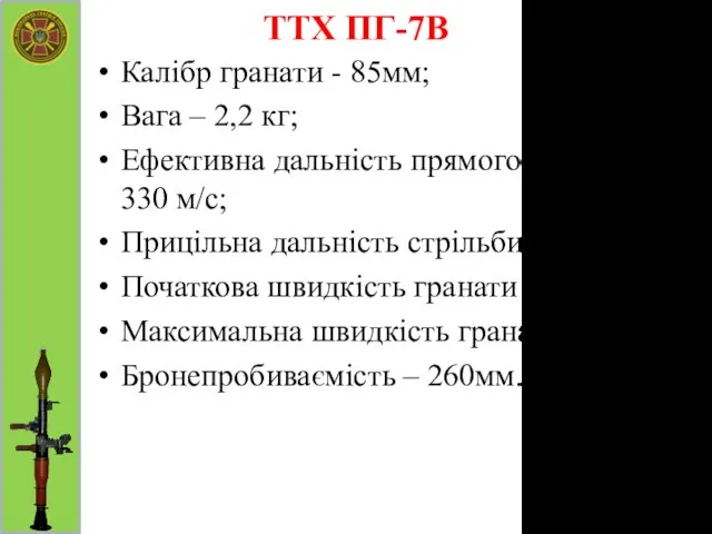 ТТХ ПГ-7В Калібр гранати - 85мм; Вага – 2,2 кг; Ефективна