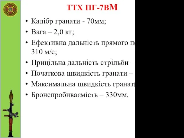 ТТХ ПГ-7ВМ Калібр гранати - 70мм; Вага – 2,0 кг; Ефективна
