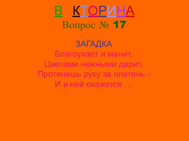 ВИКТОРИНА Вопрос № 17 ЗАГАДКА Благоухает и манит, Цветами нежными дарит,