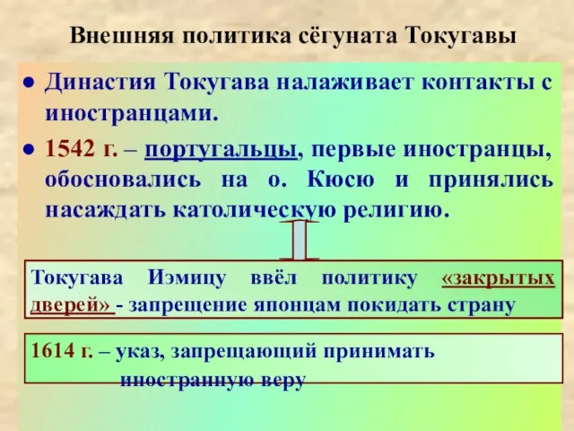 Внешняя политика сёгуната Токугавы Династия Токугава налаживает контакты с иностранцами. 1542