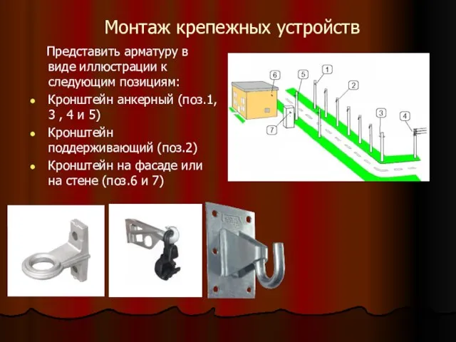 Монтаж крепежных устройств Представить арматуру в виде иллюстрации к следующим позициям: