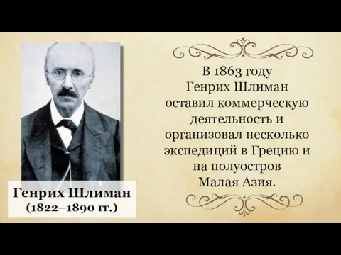 В 1863 году Генрих Шлиман оставил коммерческую деятельность и организовал несколько