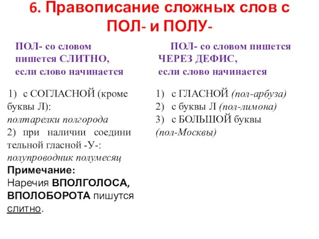 6. Правописание сложных слов с ПОЛ- и ПОЛУ-