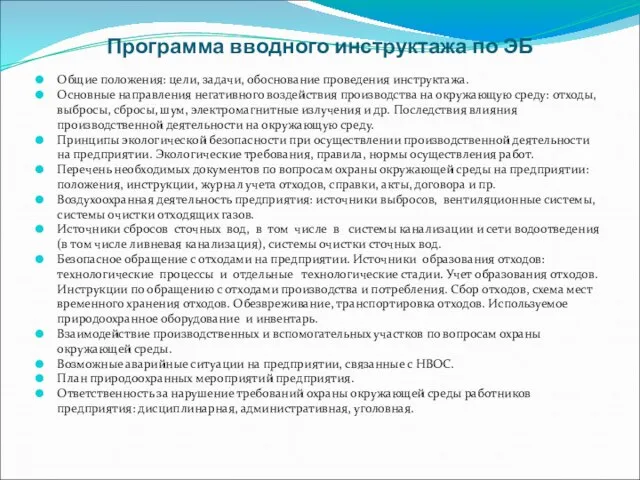 Программа вводного инструктажа по ЭБ Общие положения: цели, задачи, обоснование проведения