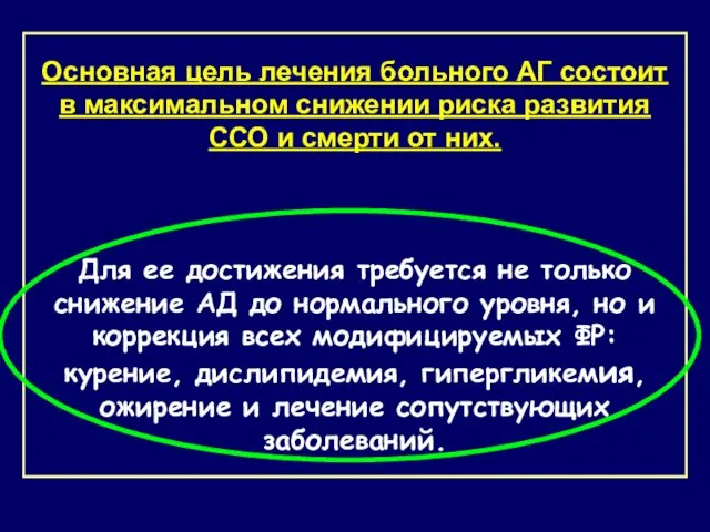 Основная цель лечения больного АГ состоит в максимальном снижении риска развития