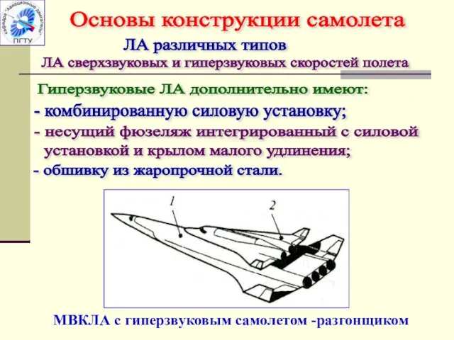 ЛА различных типов Гиперзвуковые ЛА дополнительно имеют: - комбинированную силовую установку;