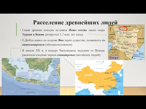 Расселение древнейших людей Самая древняя находка останков Homo erectus около озера