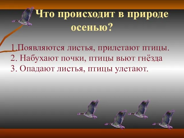 Что происходит в природе осенью? 1.Появляются листья, прилетают птицы. 2. Набухают