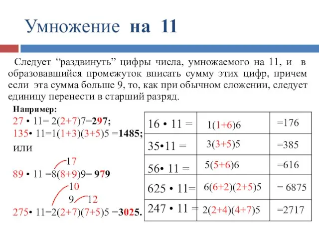 Умножение на 11 =176 =385 =616 = 6875 =2717 5(5+6)6 2(2+4)(4+7)5