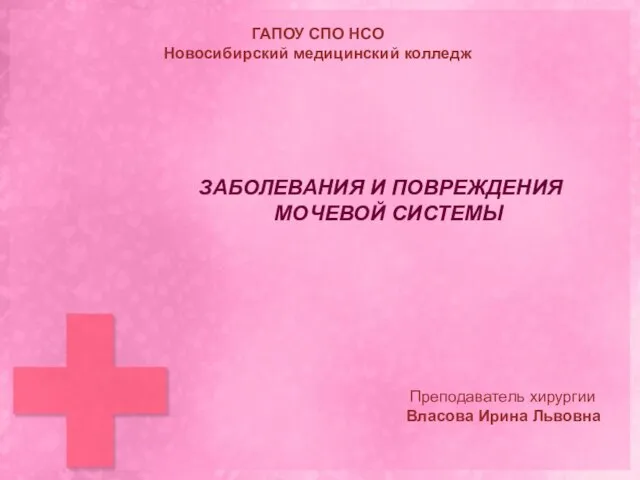 Преподаватель хирургии Власова Ирина Львовна ЗАБОЛЕВАНИЯ И ПОВРЕЖДЕНИЯ МОЧЕВОЙ СИСТЕМЫ ГАПОУ СПО НСО Новосибирский медицинский колледж