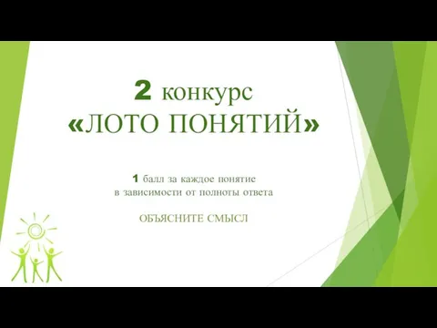 2 конкурс «ЛОТО ПОНЯТИЙ» 1 балл за каждое понятие в зависимости от полноты ответа ОБЪЯСНИТЕ СМЫСЛ