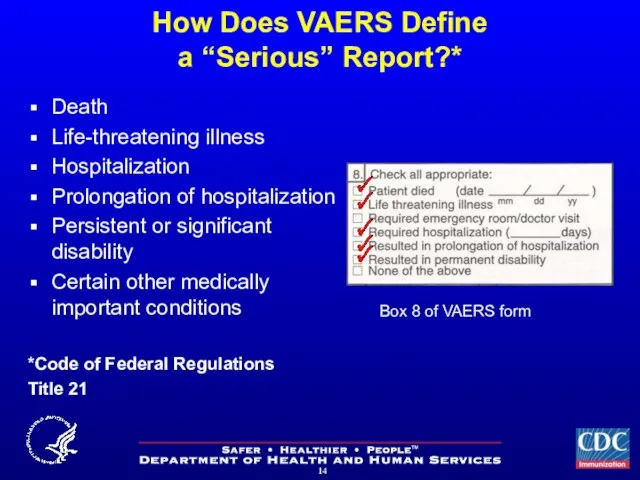 How Does VAERS Define a “Serious” Report?* Death Life-threatening illness Hospitalization