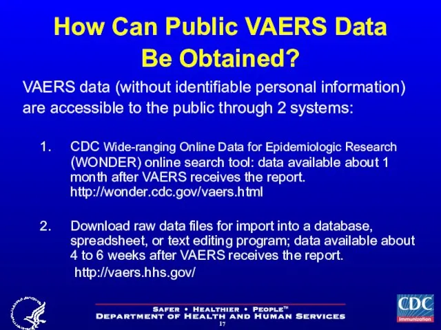 How Can Public VAERS Data Be Obtained? VAERS data (without identifiable