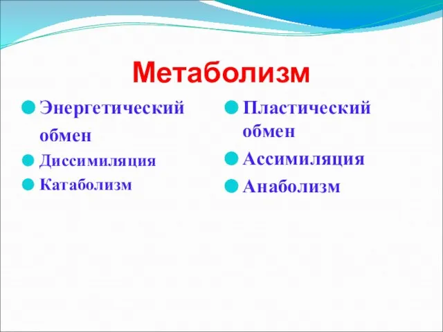 Метаболизм Энергетический обмен Диссимиляция Катаболизм Пластический обмен Ассимиляция Анаболизм