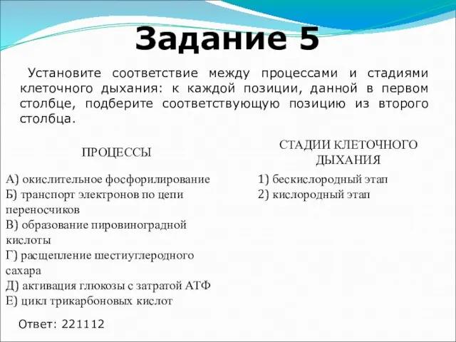 Задание 5 Установите соответствие между процессами и стадиями клеточного дыхания: к