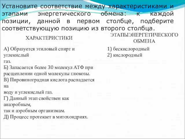 Установите соответствие между характеристиками и этапами энергетического обмена: к каждой позиции,