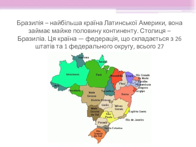 Бразилія – найбільша країна Латинської Америки, вона займає майже половину континенту.