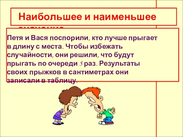 Наибольшее и наименьшее значение. Петя и Вася поспорили, кто лучше прыгает