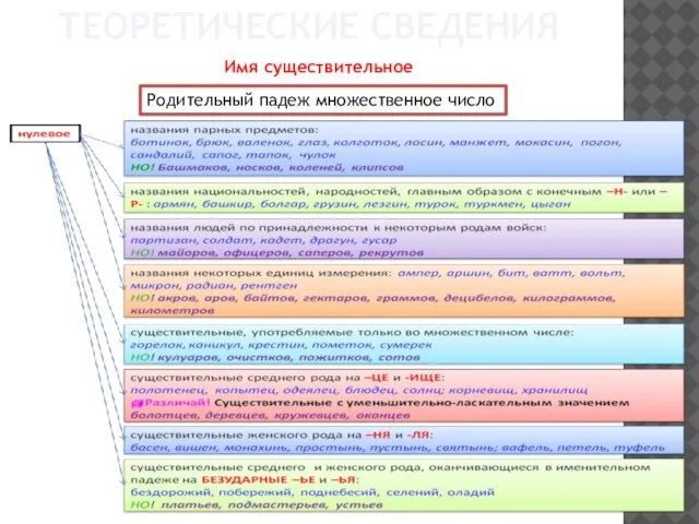 ТЕОРЕТИЧЕСКИЕ СВЕДЕНИЯ Имя существительное Родительный падеж множественное число