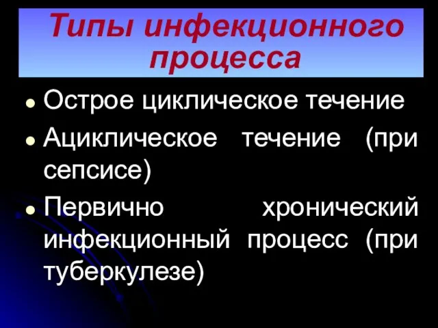 Типы инфекционного процесса Острое циклическое течение Ациклическое течение (при сепсисе) Первично хронический инфекционный процесс (при туберкулезе)