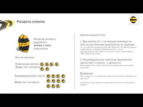 Раздача слонов Индивидуальные значки – 40 шт. на 1 эксперта Каждому