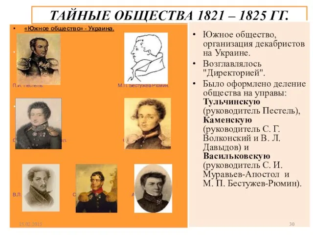 ТАЙНЫЕ ОБЩЕСТВА 1821 – 1825 ГГ. «Южное общество» - Украина. П.И.