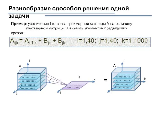 Разнообразие способов решения одной задачи Пример: увеличение i-го среза трехмерной матрицы