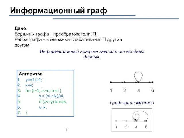 Информационный граф Дано: Вершины графа – преобразователи: П; Ребра графа –
