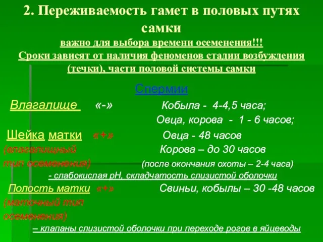 2. Переживаемость гамет в половых путях самки важно для выбора времени