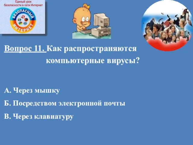 Вопрос 11. Как распространяются компьютерные вирусы? А. Через мышку Б. Посредством электронной почты В. Через клавиатуру