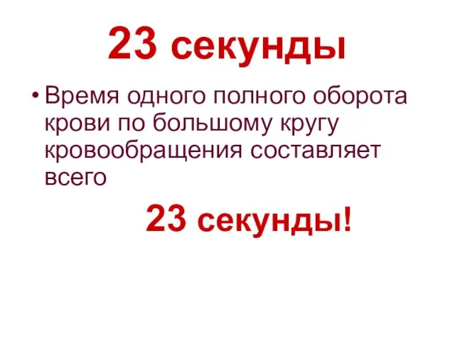 23 секунды Время одного полного оборота крови по большому кругу кровообращения составляет всего 23 секунды!