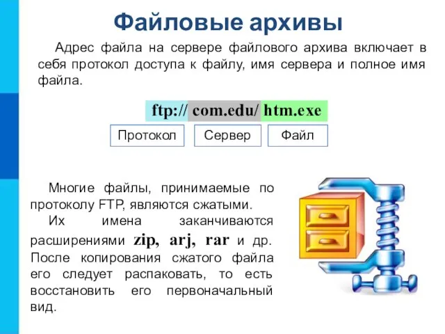 Файловые архивы ftp:// com.edu/ htm.exe Протокол Сервер Файл Адрес файла на